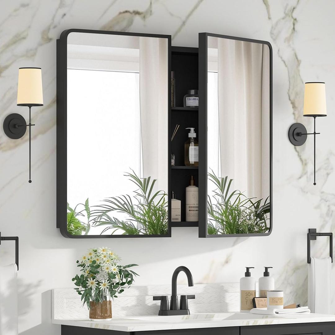 Bathroom Medicine Cabinet with Mirror 24 x 30 Inch, Black Medicine Cabinet Recessed or Surface Wall-Mounted, Mirrored Cabinets with Sturdy Metal Adjustable Shelves for Bathroom Vanity