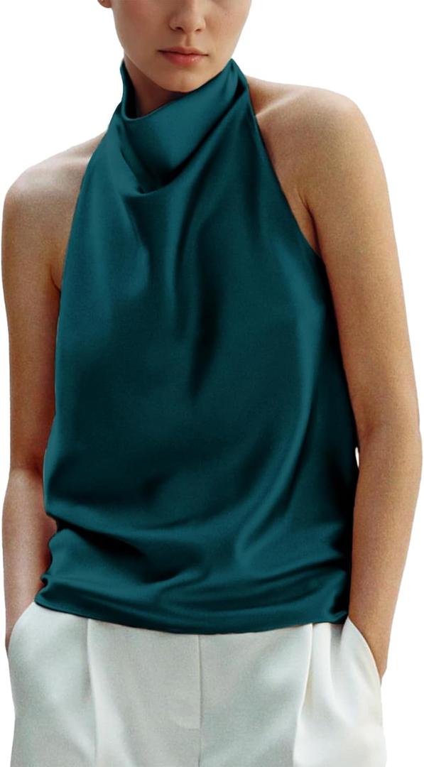 Women's Silk Satin Tank Tops Halter Draped Front Sexy Backless Womens Summer Tops Elegant Camisole Tops (Green, M)