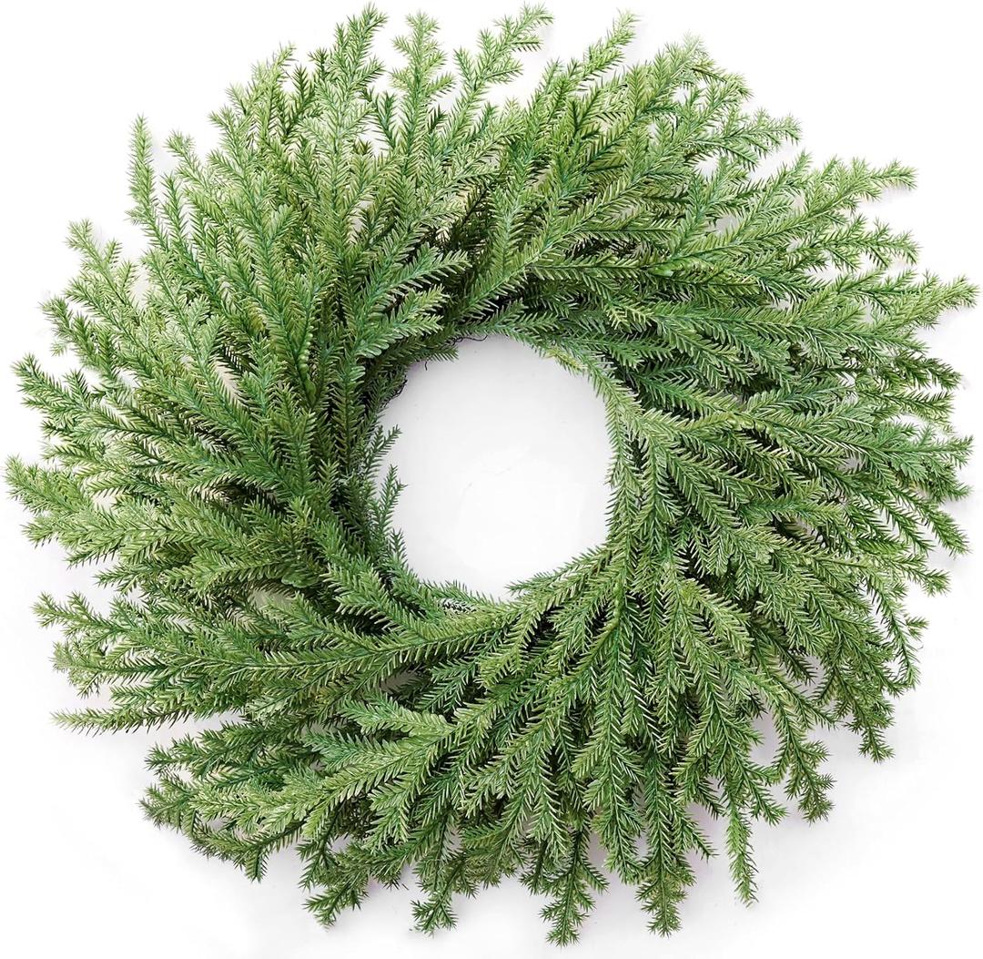 26" Norfolk Pine Wreath, Large Greenery Wreath for Front Door, Green Year Round Real Touch Artificial Wreath for Wall Porch Rustic Home Holiday Decor, with Lights, Red Bow, Bell, FF11