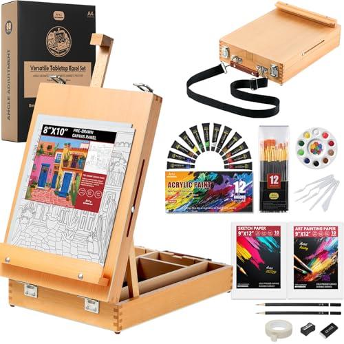 Beechwood Tabletop Easel Set for Painting, 60 Pieces 2-in-1 Art Supplies Specially Tailored for Painting & Sketching, Portable Adjustable Sketchbox Art Easel for Beginners and Art Lovers