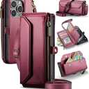 Strapurs Wallet Case Compatible with iPhone 15 Pro Max RFID Blocking 10-Card Holder Soft PU Leather Magnetic Snap Shoulder Strap Zipper Pocket Phone Case Fit for iPhone 15 Pro Max 6.7" - Wine Red