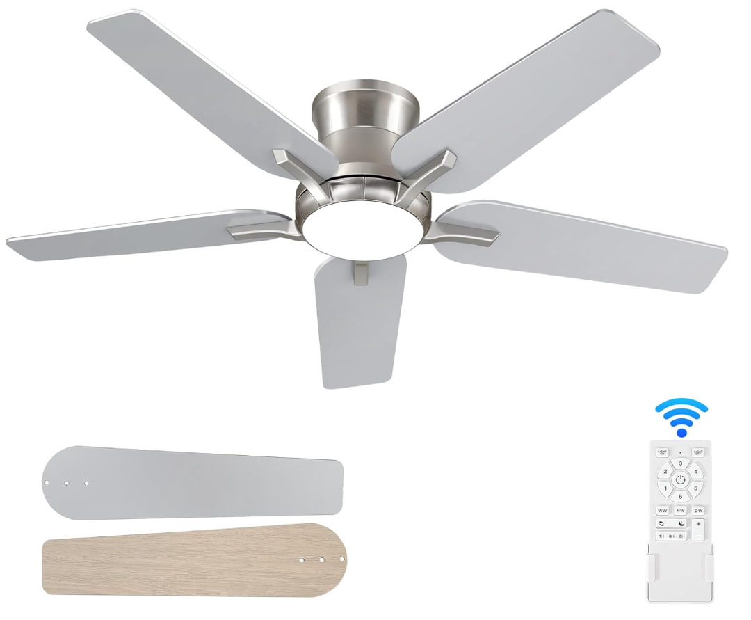 POCHFAN 42 Inch Ceiling Fans with Lights and Remote, Brushed Nickel Flush Mount Low Profile Ceiling Fan for Bedroom, Living Room, Patio, Dimmable 6 Speeds Noiseless Reversible, ETL Listed