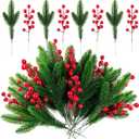 RONYOUNG 32PCS Artificial Pine Branches Christmas Holly Berries Artificial Red Berry Stems for Christmas Wreath Decorations Xmas Tree Decoration