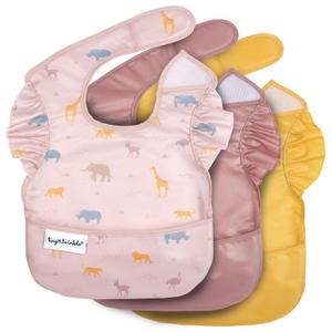 Tiny Twinkle Mess Proof Baby Bibs for Eating – Waterproof, Wipeable Toddler Bibs with Pocket – Baby Food Bibs for Girls & Boys(2 Pack, Petite Safari)