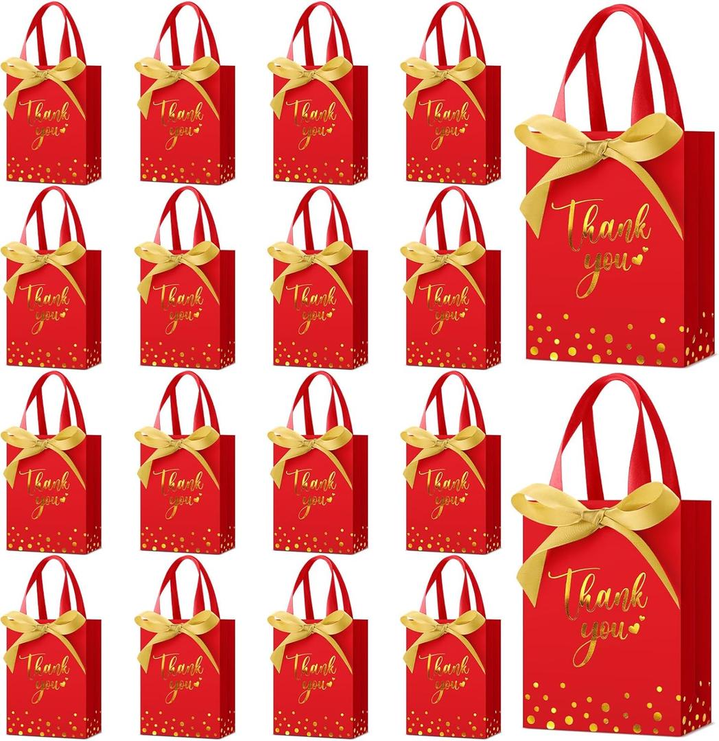 Kolldenn 36 Pack Small Thank You Gift Bags with Handles 5.9 x 4.3 x 2.4 Inches Wedding Favor Bags with Bow Ribbon Graduation Candy Goodie Gift Bag Bulk for Wedding Birthday Bridal Shower(Red)