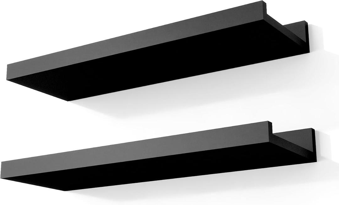Black Floating Shelves for Wall Decor, Wall Mounted Wood Storage Shelf for Bedroom, Living Room, Bathroom, Kitchen, Nursery, Display Picture Ledge Shelf with Lip Set of 2-14 Inches, Black (13.6in)