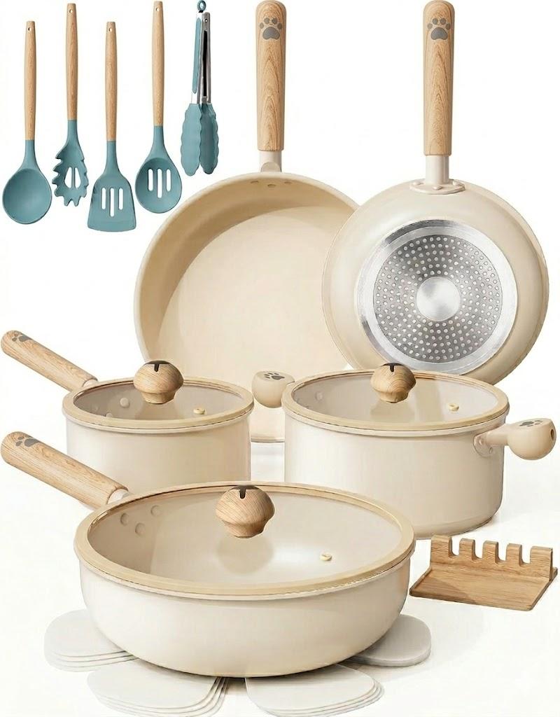 Astercook Pots and Pans Set Non Stick, Ceramic Cookware Set Non Toxic, 18 Pcs Dishwasher Safe Induction Cookware for Everyday Cooking & Kitchen Gifts