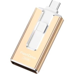 MFi Certified Flash Drive for iPhone 256GB, 3 in 1 Type-C USB Memory Stick Thumb Drive for Photos Videos, High Speed External Memory Storage Photo Stick for iPhone iPad Android PC (Gold)