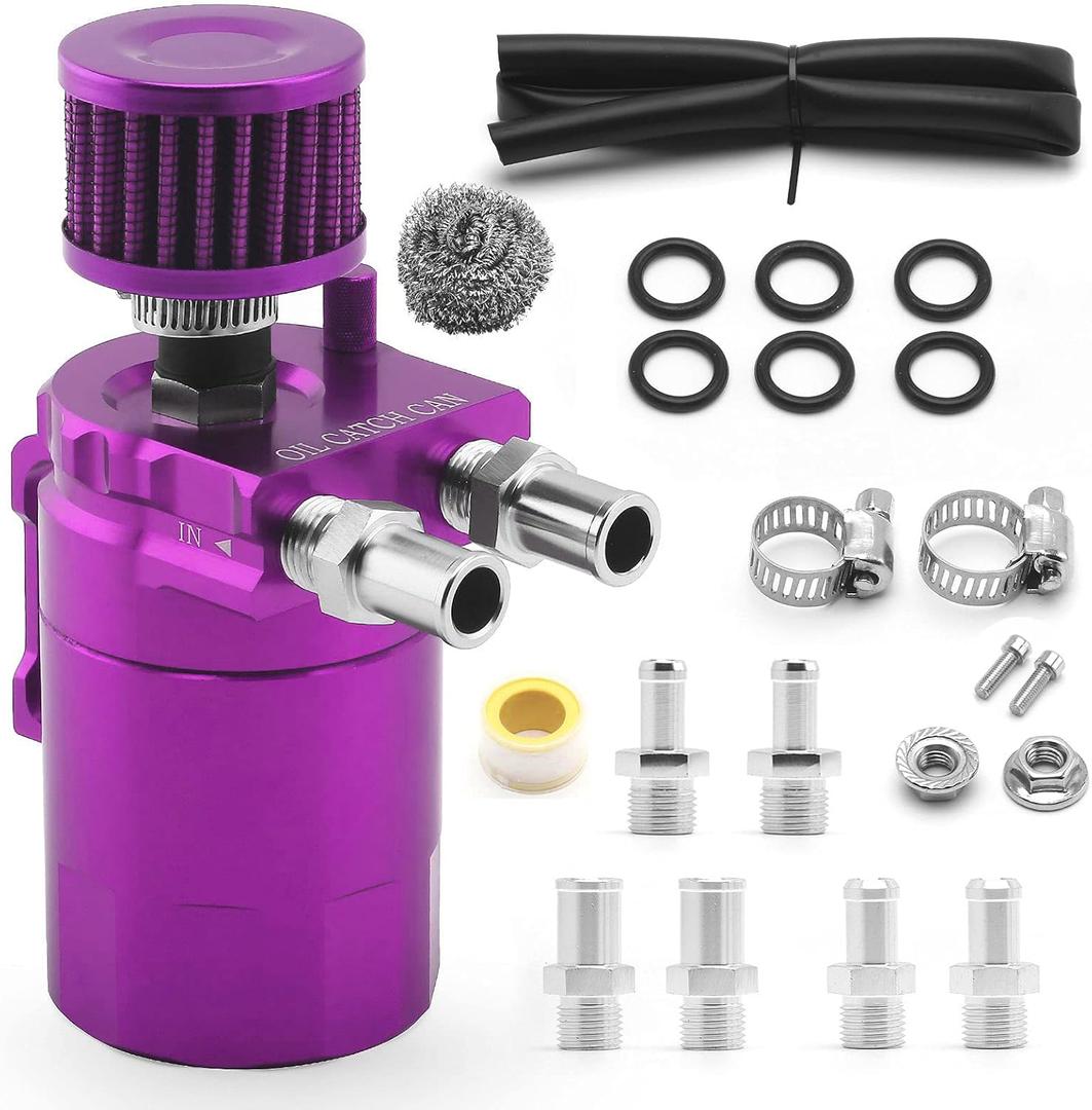 muge racing Universal Oil Catch Can Tank Kit Polish Baffled Reservoir with Breather Filter with 3/8" Fuel Line, Aluminum, Purple, 400ml