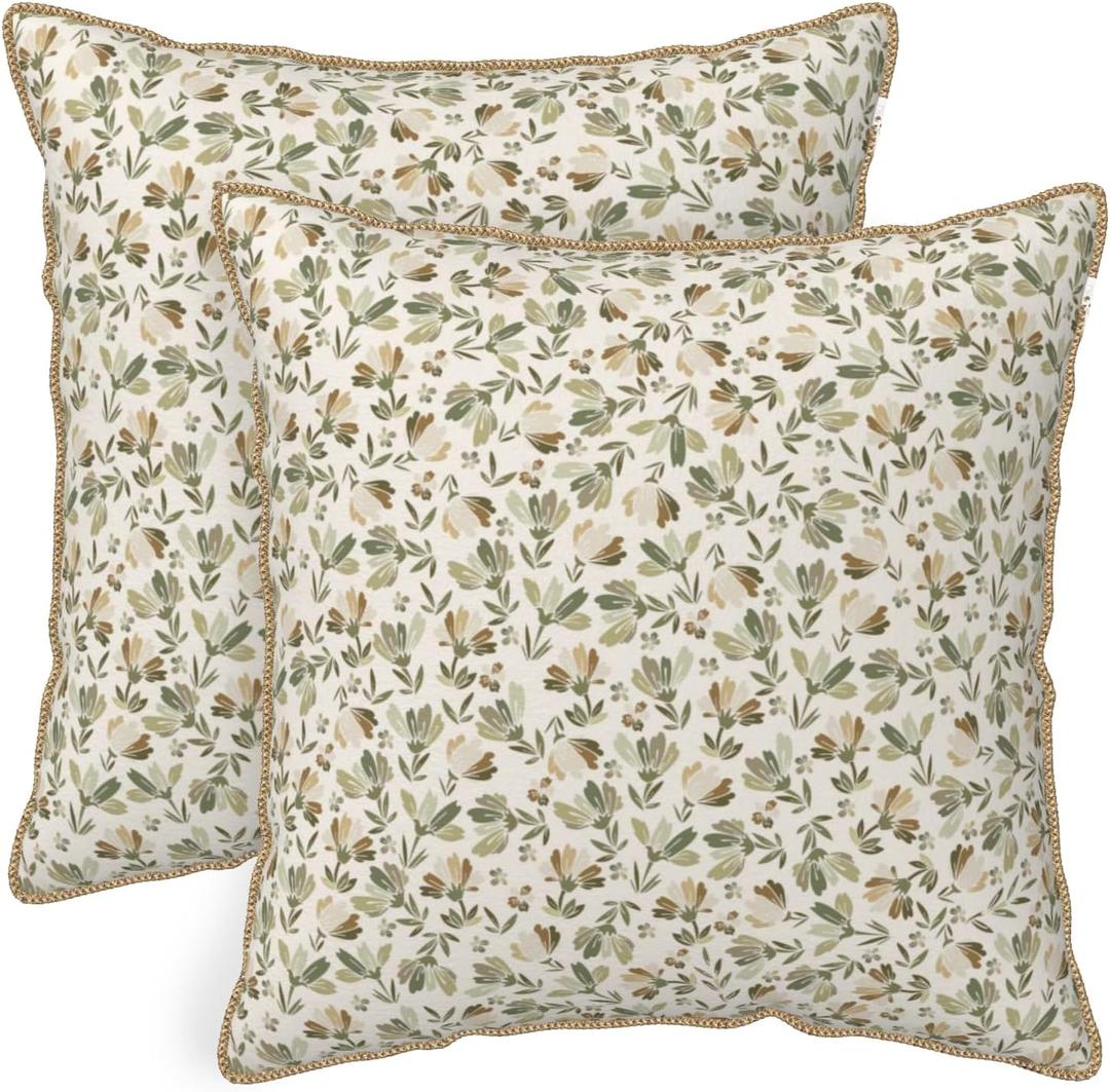 KSLIDS Sage Green Beige Floral Soft polyesterThrow Pillow Covers Set of 2 Vintage Brown Flower Decorative Pillow Covers 18x18 Inch Rustic Pillow Case for Sofa Couch Bedroom Farmhouse Home Decor