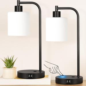 Set of 2 Industrial Touch Control Table Lamps with 2 USB Ports and AC Outlet - 3-Way Dimmable Black Bedside Lamp Nightstand Desk Lamps for Bedroom Living Room, Opal Glass Shade & 2 LED Bulbs Included