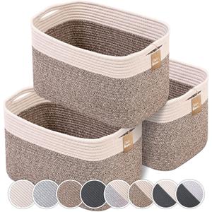 CHAT BLANC Cotton Rope Baskets for Organizing | Storage Baskets for Shelves | Small Laundry Woven Baskets for Storage, Dog Toy Bin, Baby Basket,Off White&Brown 3 Pack (3 PACK | Medium | 15"x10"x9")