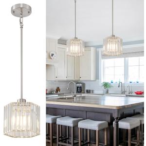 XSDeTu Brushed Nickel Pendant Light Fixtures, Modern Crystal Hanging Ceiling Light, 1-Light Mini Farmhouse Chandelier, Adjustable Hexagonal Island Lights for Kitchen, Dining Room, Bedroom, 2 Pcs