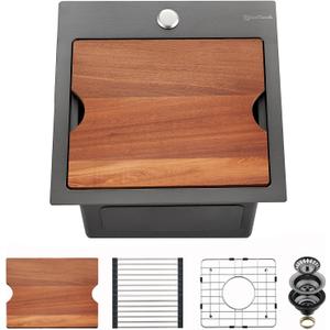 Kitchen Sink, 15 x 15 x 10 inch Kitchen Sinks Small Bar Prep Sink 16 Gauge Gunmetal Black Drop in Kitchen Sink Single Bowl Workstation Sink with Cutting Board