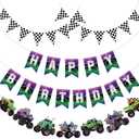 Pasimy 4 Pcs Monster Truck Birthday Banner Cars Truck Garland Black and White Checkered Flags Pennants Green Purple Happy Birthday Bunting Racing Car Theme Party Decorations Supplies