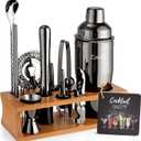 Bartender Kit Cocktail Shaker Set with Stand Bar Tool Bar Set for Drink Mixing Home Bartending Kit 17-Piece Bar Cart Accessories: Martini Shaker, Mixer Spoon, Jigger, Muddler, Strainer & Recipes Gifts (Black Cobbler - 17pcs)