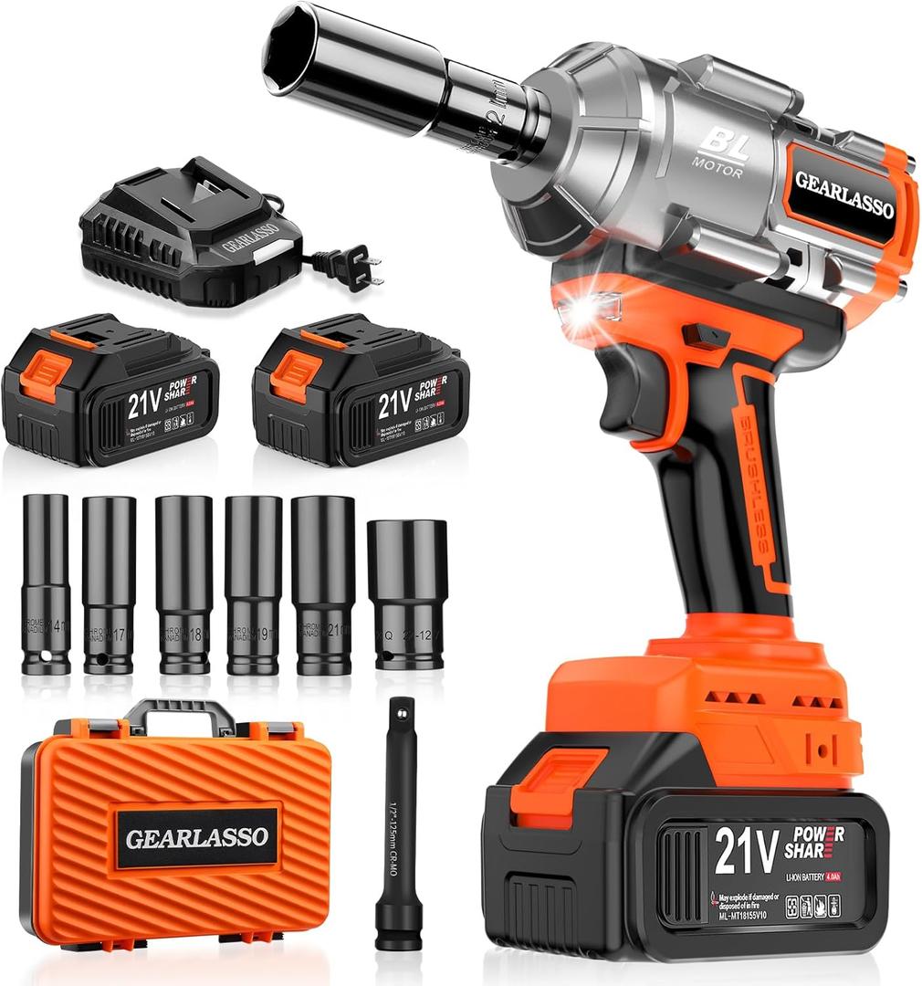 GEARLASSO 1600Nm(1200Ft-lbs) High Torque Cordless Impact Wrenches 1/2" Brushless Impact Gun Wrench with 2 x 4.0Ah 21V Batteries, 6 Sockets, Extension Bar, Variable Speeds for Home/Car/Truck/RV/Mower