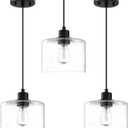 3 Pack 1 Light Modern Kitchen Island Pendant Light 7.3 Inch Clear Seeded Glass Black Finish Pendant Lamp,Farmhouse Hanging Light Fixture for Kitchen Island Dining Room Bedside