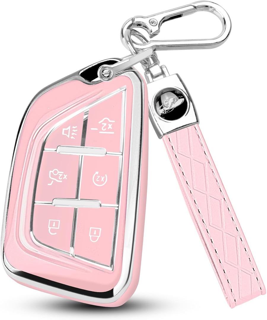 QBUC for Cadillac Key Fob Cover with Keychain Soft TPU Protection Case Compatible with 2020-2026 Cadillac Escalade Lyriq Optiq 6-Buttons(Chrome Trim Pink)