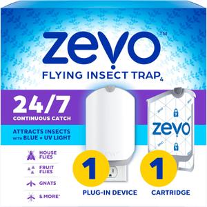 Zevo Flying Insect Trap & Cartridge - Plug in Fly Trap & Indoor Bug Catcher for Gnats, House & Fruit Flies - Mess-Free - Use in Any Room - Uses Blue & UV Light (1 Plug in Device & 1 Cartridge) Zevo Flying Insect Trap & Cartridge - Plug in Fly Trap & Indoor Bug Catcher for Gnats, House & Fruit Flies - Mess-Free - Use in Any Room - Uses Blue & UV Light (1 Plug in Device & 1 Cartridge)