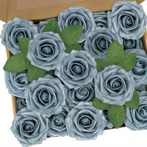 N&T NIETING Artificial Flowers with Stems, 25pcs Foam Roses Fake Flowers Perfect for DIY Wedding Bridal Bouquets Centerpieces Home Flower Arrangement Mother's Day Decoration, Dusty Blue Gray