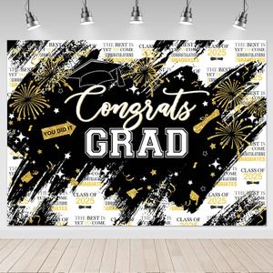 Mocsicka Graduation Backdrop Congrats Grad Black Gold Graduate Party Decorations Background Class of 2025 Photography Backdrops (7x5ft)