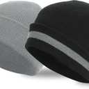 Heat Logic Men Double Layer Knit Beanie, Thick Thermal Skull Cap, Knitted Cuffed Soft Warm Hat, Winter Warm Cap for Adults (Black With Grey Stripe + Solid Grey (2 Pack)