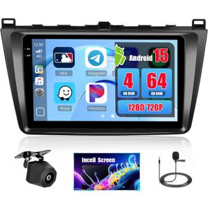 4+64GB Android 15 for 2007-2012 Mazda6 Car Radio Wireless Carplay Android Auto, Stereo with 9" in-Cell Touch Screen WiFi Bluetooth5.0 GPS FM/RDS SWC EQ + Backup Camera MIC
