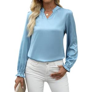 VIMPUNEC Women's Dressy Satin Blouses Fall Long Sleeve Work Shirts Business Casual V Neck Tops (Blue, XL)