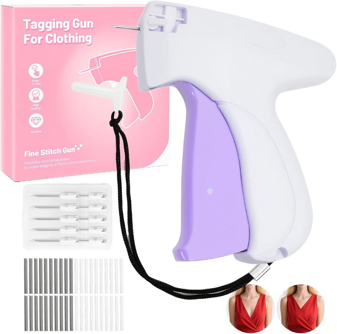 Handheld Mini Stitch Gun White and Purple Tag Attacher Gun Kit - Hemming Tool Sew Kit for Hems on Shirt Sleeves Pants and Dresses Includes 6 Needles 2000 Black Fasteners and 2000 White Fasteners