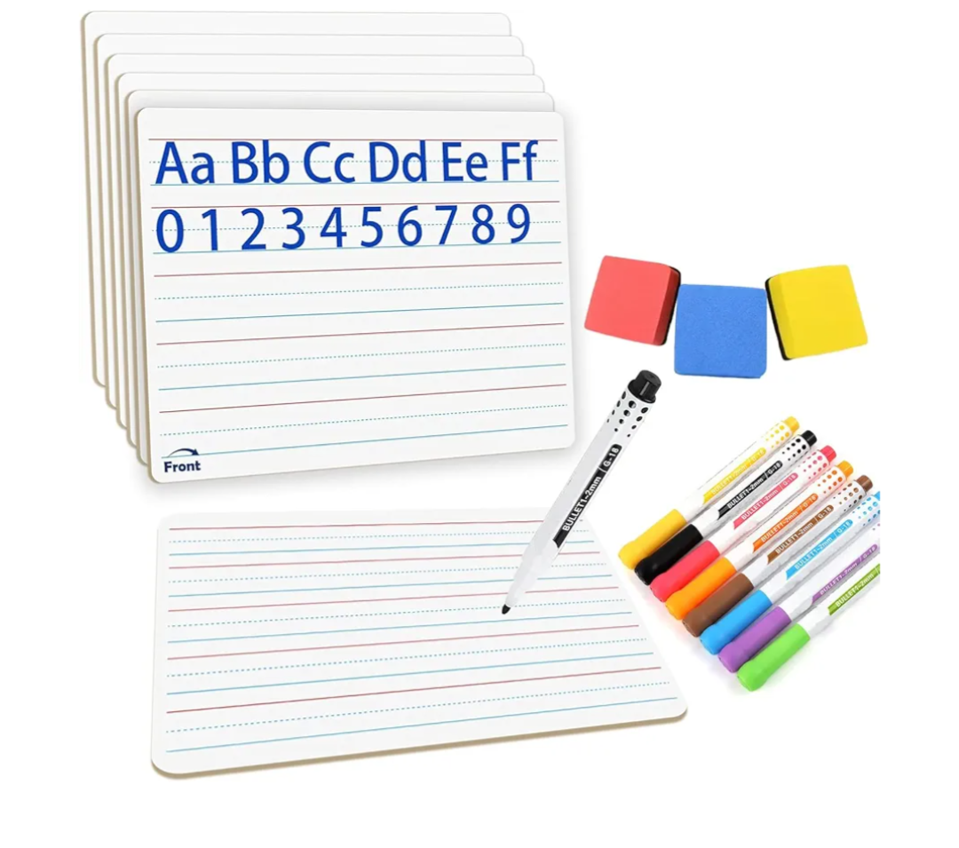 6pack Dry Erase Board 9"x12"with Lines and Blank Surface Learning,Math,Writing Teacher & Homeschool Supplies Mini Whiteboard Erasers Included Colors pens