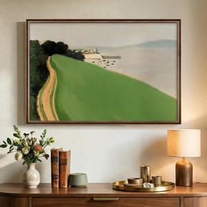 Vintage Framed Green Abstract Landscape Wall Art, Modern Minimalist Coastal Canvas Paintings Artwork for Walls, Rustic Nature Pictures for Living Room Bedroom Dining Room Office Wall Decor, 24x36 In