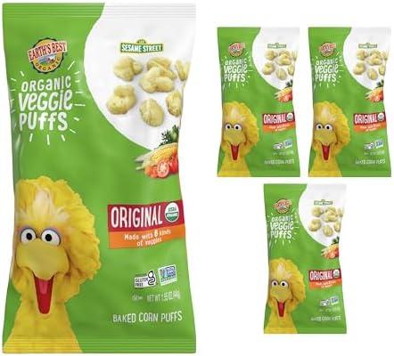 Earth's Best Organic Veggie Puffs for Toddlers 2 Years Old and Up, Original Flavor, 1.55 Ounce Bag (Pack of 4), Best Before 4 April 2026