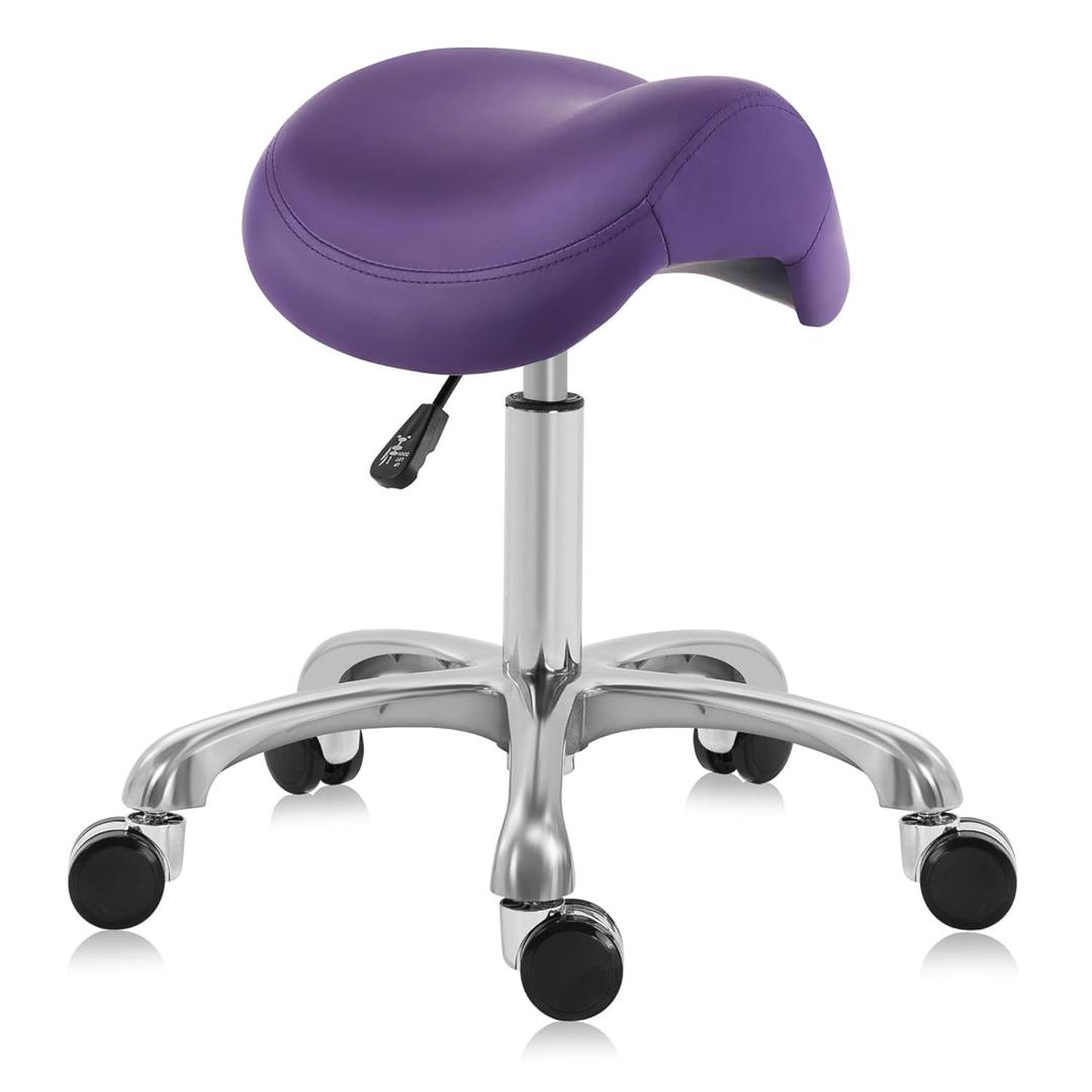 Ergonomic Saddle Stool Adjustable Pneumatic Swivel Rolling Saddle Seat Stool with Wheels for Medical Hygienic SPA Massage Salon Home and Office 506 Haku (English Violet)
