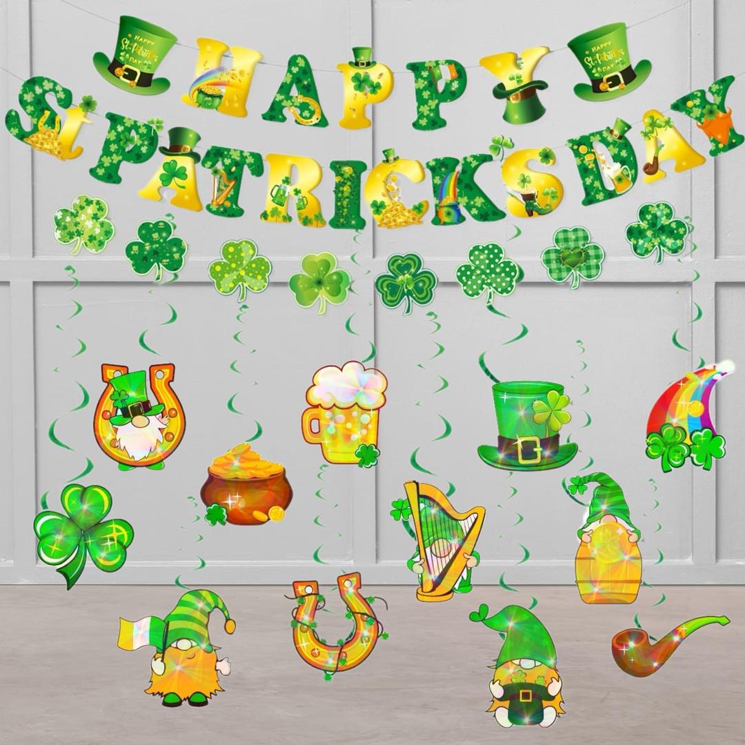 27PCS St. Patricks Day Decorations, St. Patricks Decor Happy Shamrock Patricks Day Banner Garlands Clover Hanging Swirls Irish for Home Store Saint Patrick Party