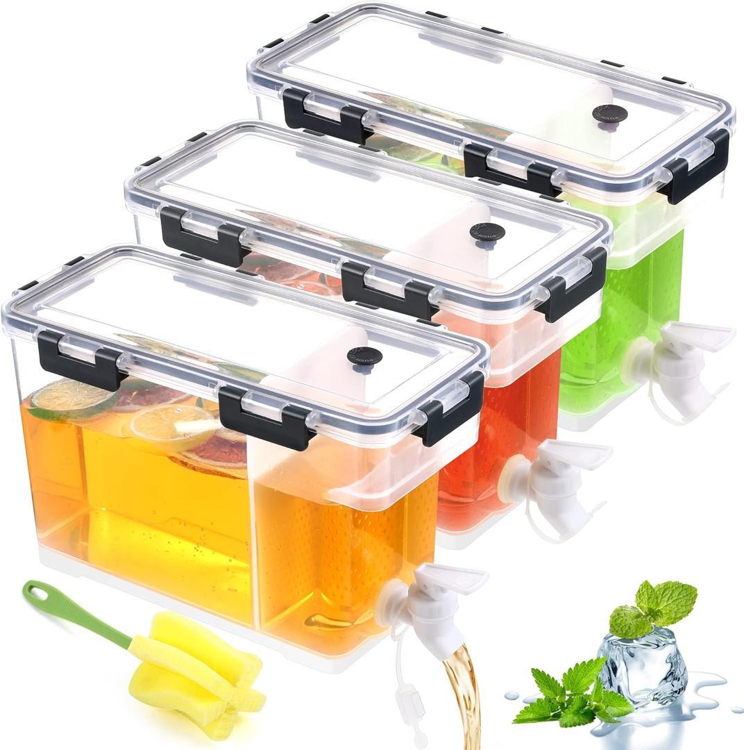 Breroa 3 Pieces 3.5 Liter Clear Beverage Dispenser with Spigot, Plastic Drink Dispenser for Fridge with Handle Clean Brush, Iced Juice Lemonade Dispensers for Parties & Daily Use,12.2 x 5.5 x 6.9 Inch