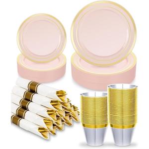 175PCS Pink Plastic Dinnerware Set, Disposable Party Plates for 25 Guests, Include: 50 Pink and Gold Plastic Plates, 25 Pre Rolled Napkins with Gold Silverware, 25 Cups for Wedding, Christmas