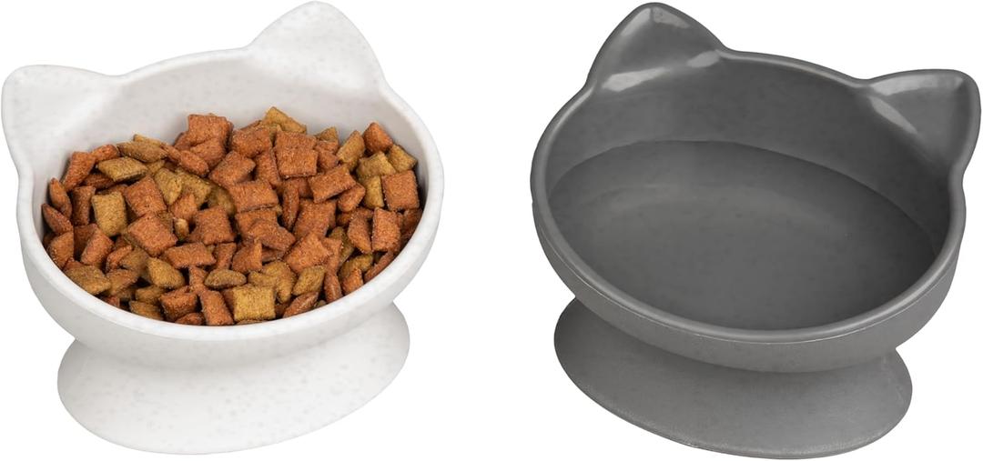 Kitty City Elevated Cat Bowls (Set of 2), Whisker-Friendly Raised Cat Food & Water Dishes, Modern Pedestal Design, Dishwasher Safe, 6.5 oz Each  White & Gray