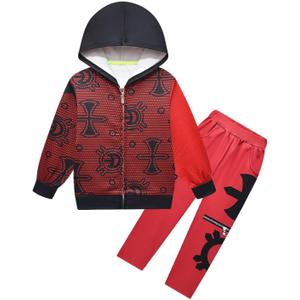 Boys Halloween Cartoon Outfit Red Long Sleeve Zipper Up Hoodies Novelty Pants Set (Red)