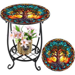 Outdoor Side Table Round Small Mosaic Patio Accent Indoor End Plant Metal Coffee Tea Table for Yard Porch Garden Patio Living Room, Bedroom(Tree Style,14 Inch)
