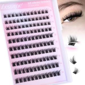 Zegaine Self Adhesive Eyelashes Natural Self Adhesive Lash Clusters Wispy Pre Glued Eyelash Clusters Clear Band C-Curly Pestaas Postizas Naturales Wispy Glueless Lashes No Glue Needed 10-14MM