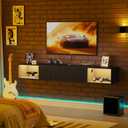 55" Floating TV Stand with LED Light, Floating TV Stand Wall Mounted, Floating Entertainment Center with Storage Long for Bedroom, Wood Floating TV Shelf for Living Room (Black)