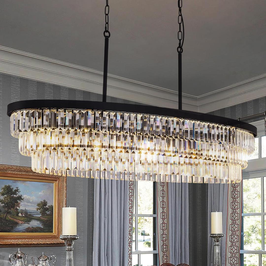 TOCHIC Crystal Chandelier 47 inch, 9 Lights Large Black Crystal Chandeliers for Dining Room, Modern Farmhouse Oval Chandelier Kitchen Island Lighting Fixture for High Ceiling, Living Room, Bar