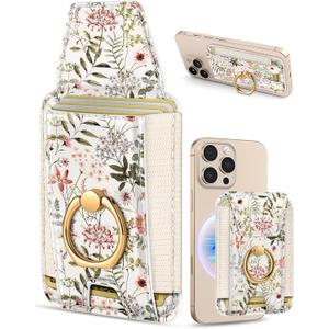 Shorogyt Compatible with Magsafe Wallet with Grip Magnetic Card Holder - Cute Phone Wallets with Ring Stand for iPhone 17/16/15/14/13/12 Series for Women Girls Flowers Design, Fit 7 Cards