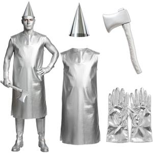 Berlune 4 Pcs Halloween Tin Costume for Adult Dress Gloves Hat and Axe Costume Cosplay Silver Metallic