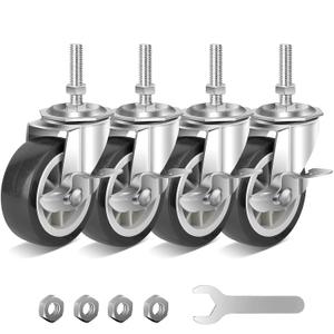 3 Inch Heavy Duty Stem Casters Swivel Wheels with Brake - 3/8" -16 x 1-1/2" (Stem Diameter 3/8", Stem Length 1-1/2"),Set of 4 with Locking Threaded Stem Caster Wheels - Load 600lbs (Grey)