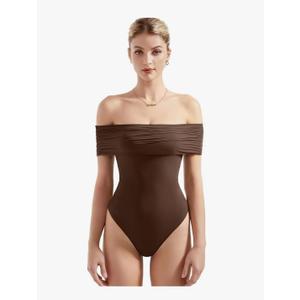 SUUKSESS Women Off the Shoulder Bodysuit Short Sleeve Strapless Thong Body suit XS