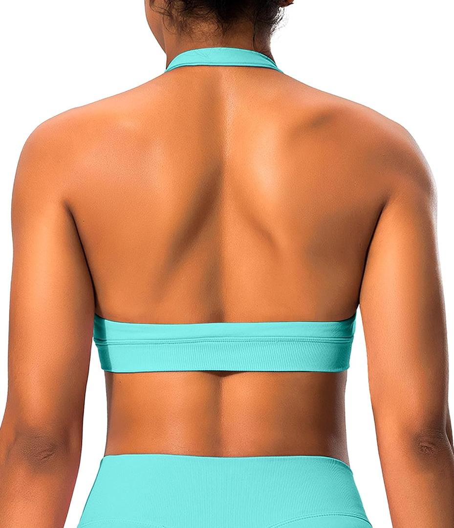 Comper Halter Sports Bras for Women Backless Workout Bra Seamless Open Back Strappy Yoga Bra Crop Top with Removable Cups (L)