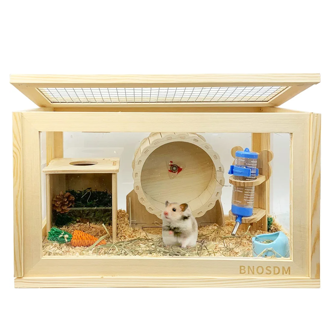 BNOSDM Wooden Hamster Cage and Habitats Transparent Small Animal Cages with Top Ventilation Syrian Dwarf Hamsters Mice Hutch Exercise Play House (19.6 x 11.8 x 11.8in)