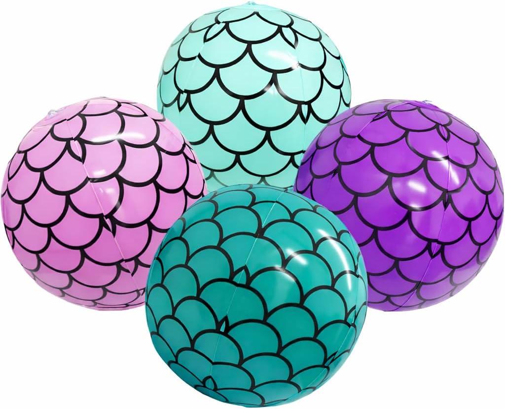 Mermaid Beach Balls (4 Pack) Mermaid Party Favors, Mermaid Party Decorations for Girls, Mermaid Birthday Party Supplies, Under The Sea Themed Party Decor, Gifts for Girls Pool Party